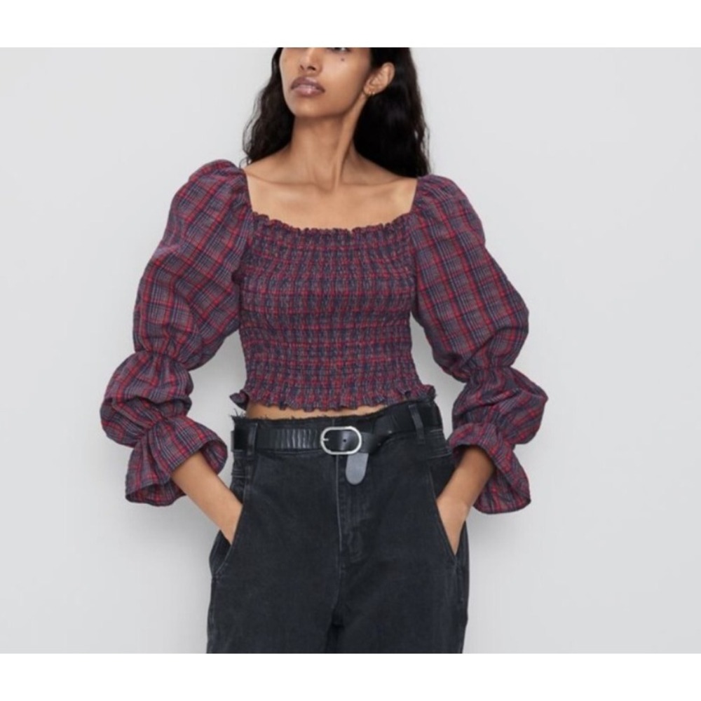 Zara Red Navy Plaid Smocked Crop Top Long Puff Sleeve Square Neck Milkmaid XS